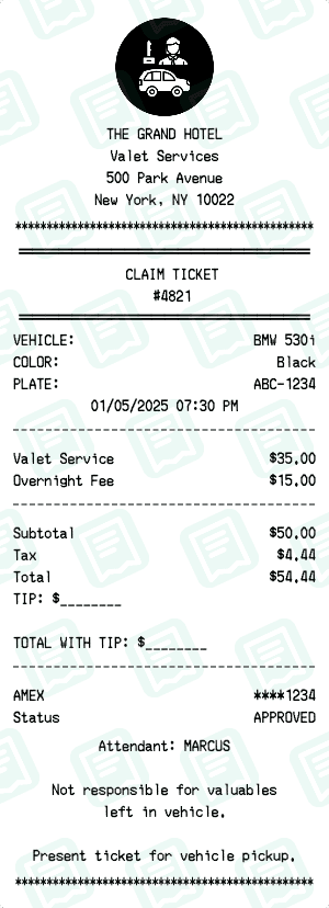 Valet Parking receipt template