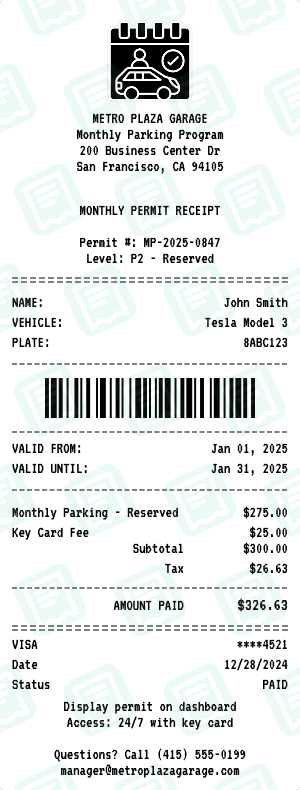 Monthly Parking receipt template