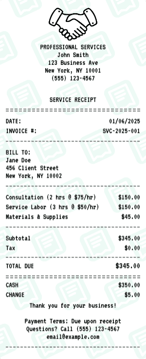 Service receipt template