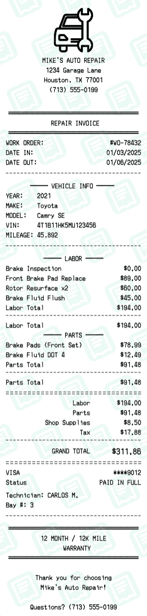 Auto Repair receipt template