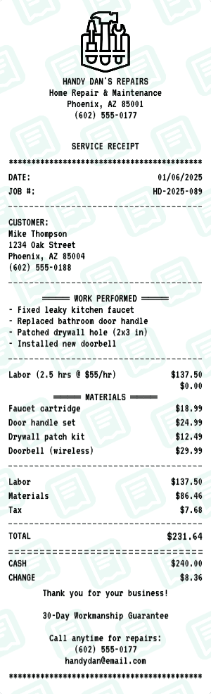 Handyman receipt template
