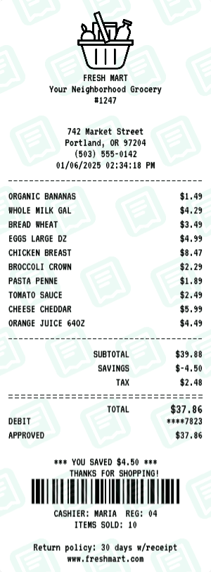 Grocery receipt template