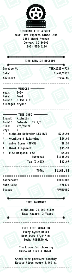 Tire Shop receipt template