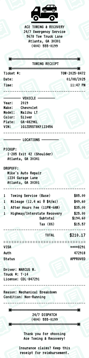 Towing receipt template