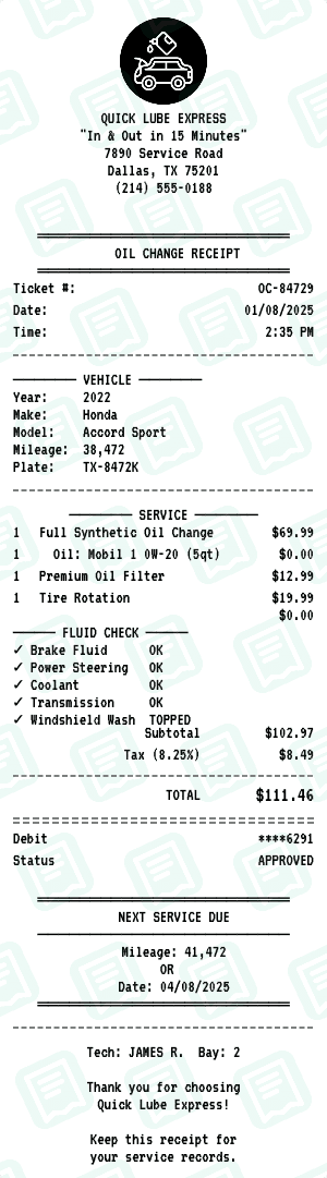 Oil Change receipt template