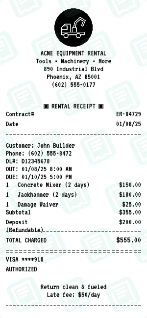 Equipment Rental receipt template