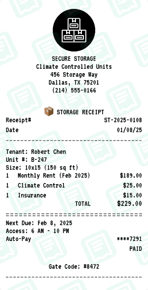 Storage receipt template