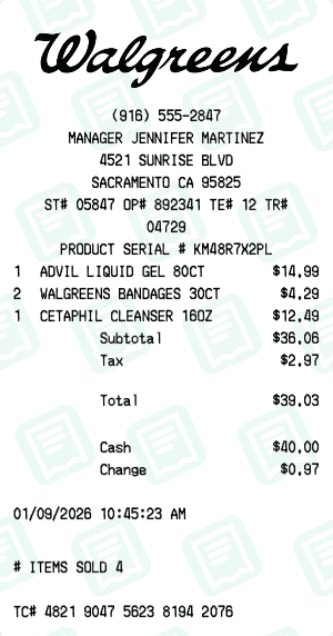 Walgreens receipt template