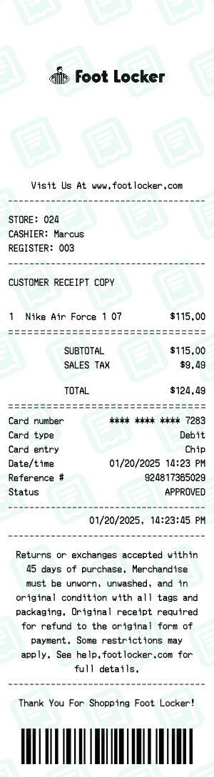 Foot Locker receipt template