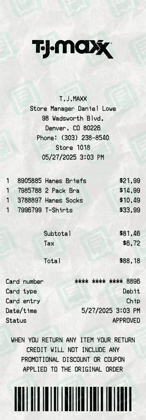 TJ Maxx receipt template