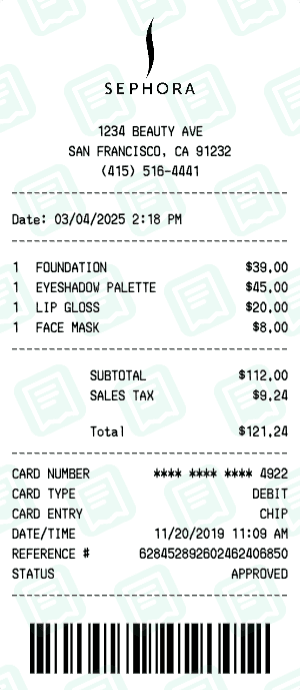 Sephora receipt template