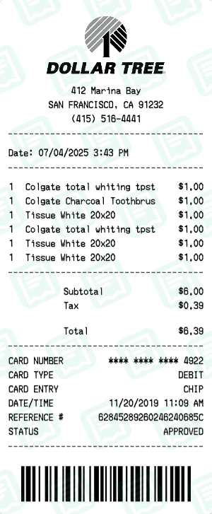 Dollar Tree receipt template