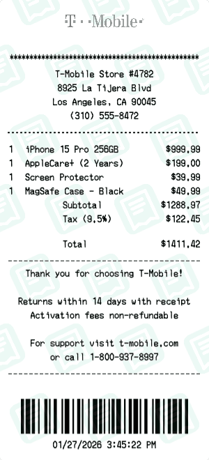T-Mobile receipt template