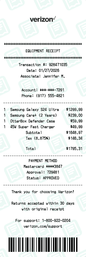 Verizon receipt template