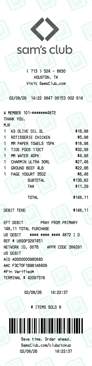 Sam's Club receipt template