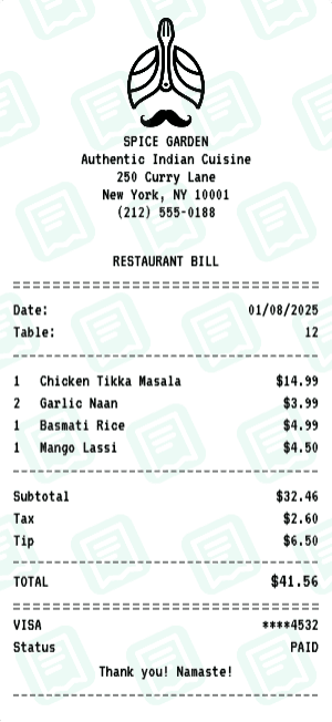 Indian Restaurant receipt template