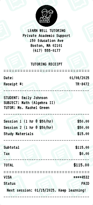 Tutoring receipt template