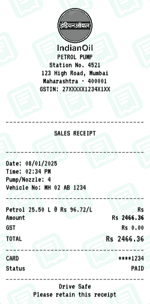 Indian Petrol Pump receipt template