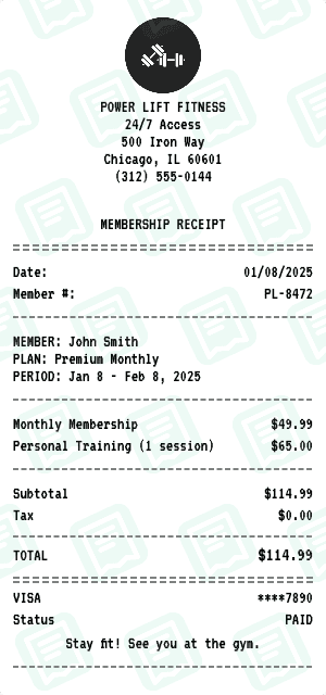 Gym receipt template