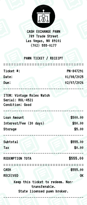 Pawn Shop receipt template