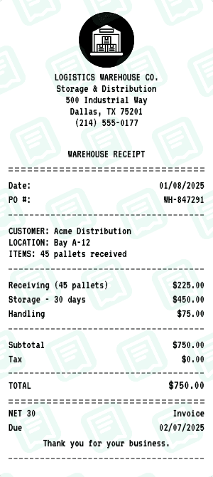Warehouse receipt template