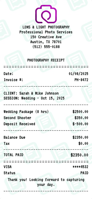 Photography receipt template