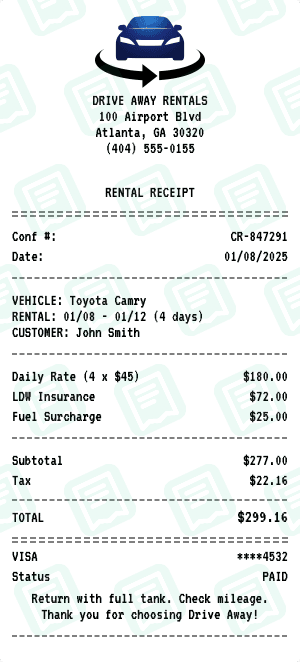 Car Rental receipt template
