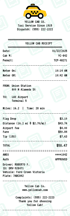 Yellow Cab receipt template