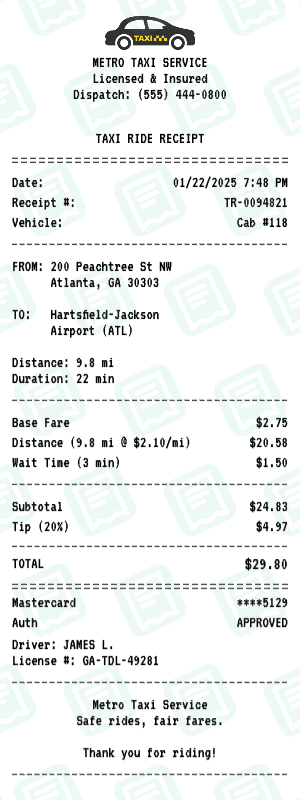Taxi Ride receipt template