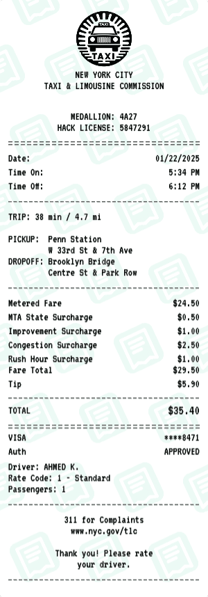NYC Taxi receipt template
