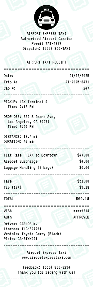 Airport Taxi receipt template
