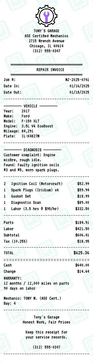 Mechanic receipt template