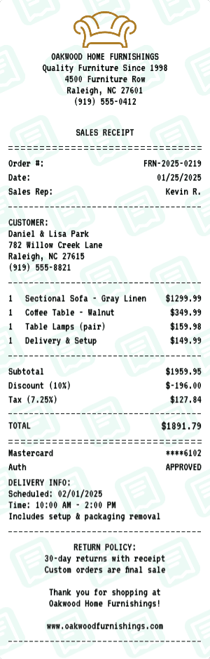 Furniture receipt template