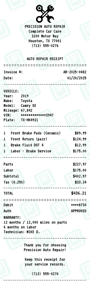 Car Repair receipt template
