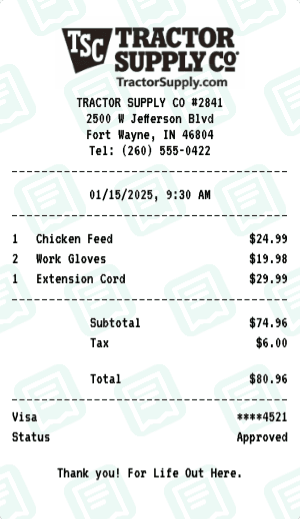 Tractor Supply Co receipt template