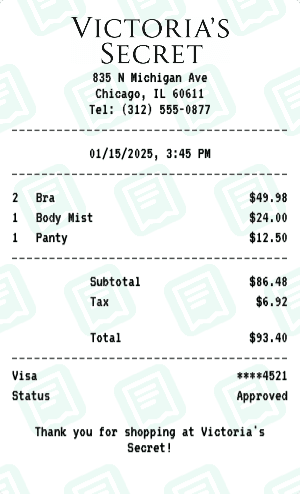Victoria's Secret receipt template