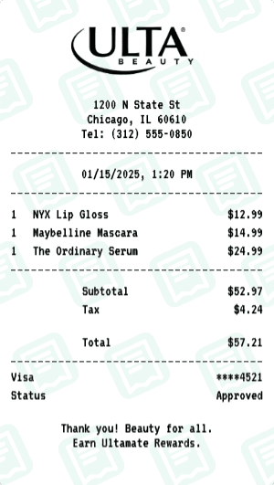 Ulta Beauty receipt template