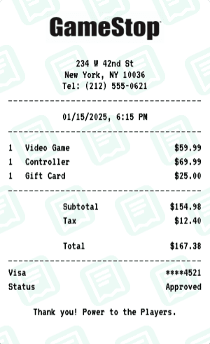 GameStop receipt template