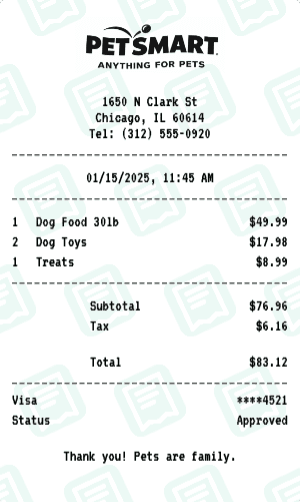 PetSmart receipt template