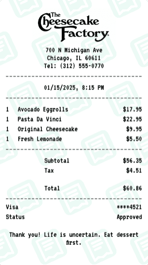 The Cheesecake Factory receipt template