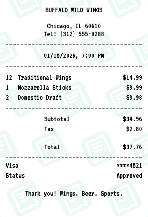 Buffalo Wild Wings receipt template