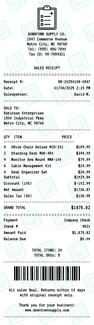 Itemized Sales receipt template