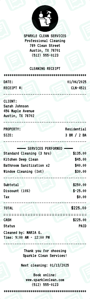 Cleaning receipt template