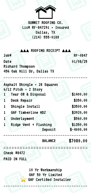 Roofing receipt template