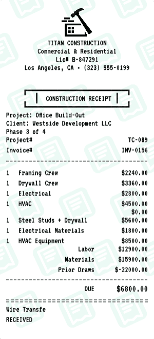 Construction receipt template