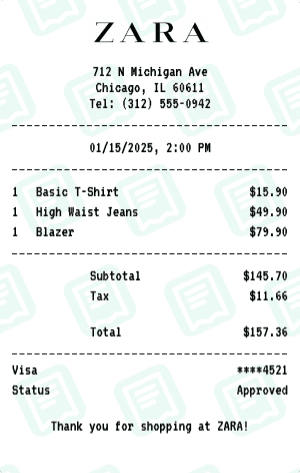 ZARA receipt template