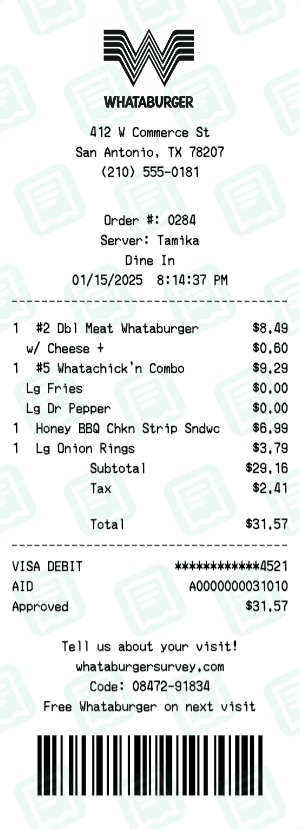 Whataburger receipt template