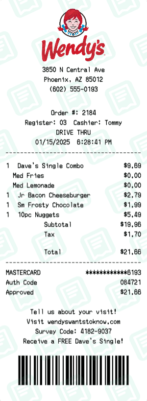 Wendy's receipt template