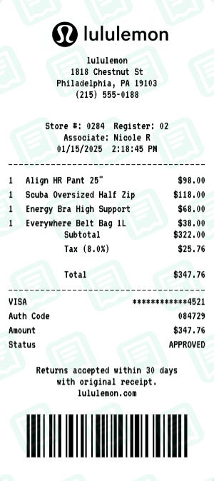 lululemon receipt template