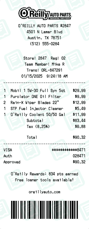 O'Reilly Auto Parts receipt template